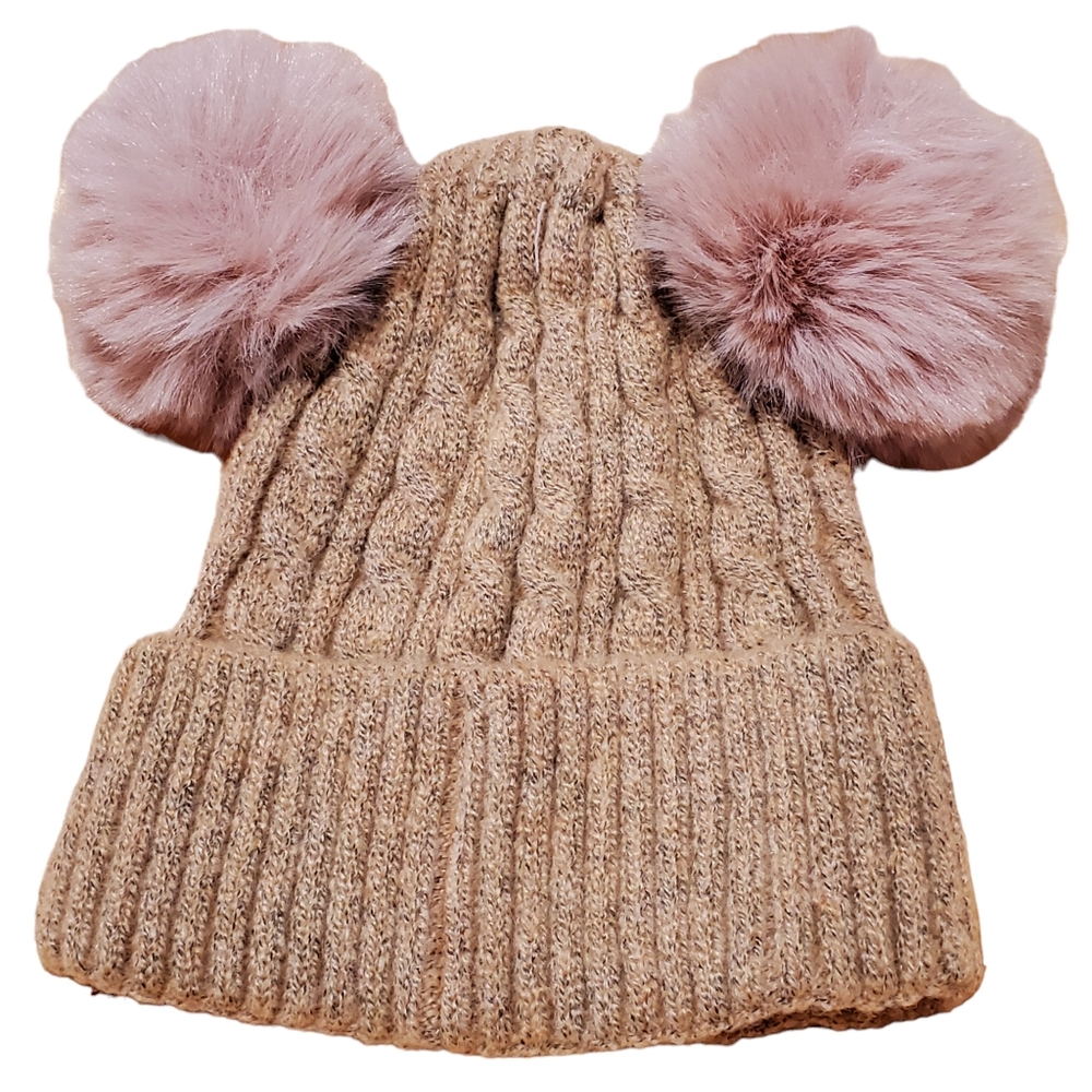 Blush pink acrylic knitted two pom hat